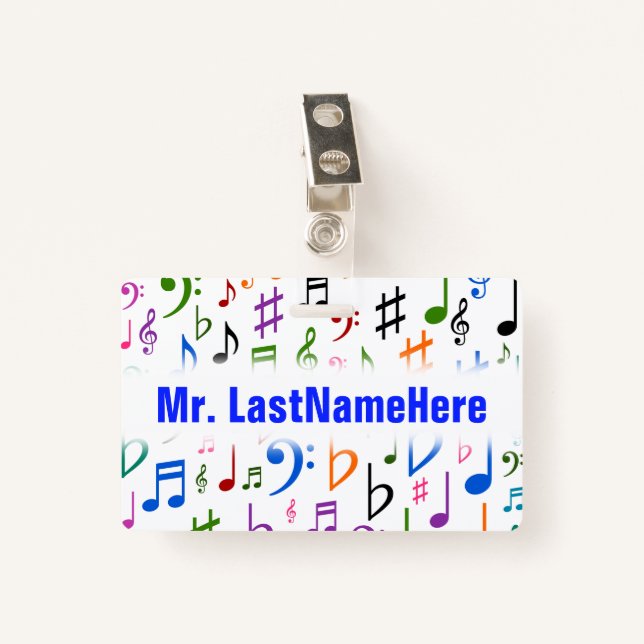 Many Colourful Music Notes and Symbols + Name ID Badge (Front with Clip)