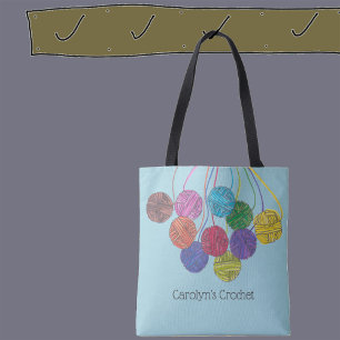 Many colours balls of yarn, crochet, personalised tote bag
