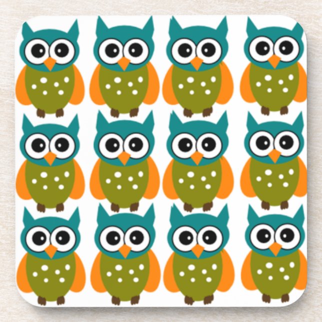 Many Cute and Colourful Owls Pattern Coaster (Front)
