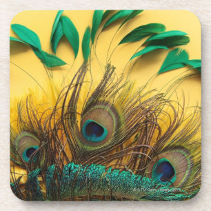 Many different kinds of feathers on a yellow coaster
