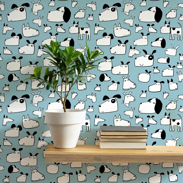 Many Dogs Doodle Drawing Teal Blue Wallpaper (Fun cartoon doodle dog teal blue green wallpaper for animal lovers)