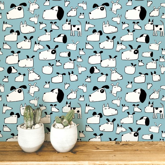 Many Dogs Doodle Drawing Teal Blue Wallpaper (Fun cartoon doodle dog teal blue green wallpaper for animal lovers)
