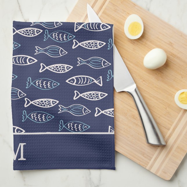 Many Fishes Pattern Blue Monogram Tea Towel (Quarter Fold)