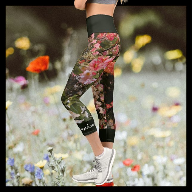 Many Flowers Pink Green Floral Personalised Name Capri Leggings (Creator Uploaded)