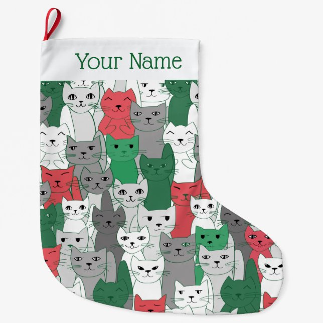 Many Green Red Cats Design Christmas Stocking (Front)