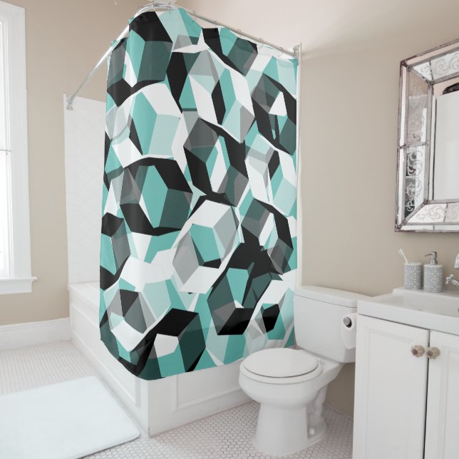 Many hexagons with colourless parts, on light teal shower curtain (In Situ)
