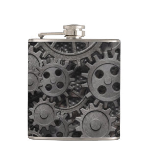 Many old rusty metal gears or machine parts hip flask
