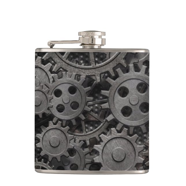 Many old rusty metal gears or machine parts hip flask (Front)