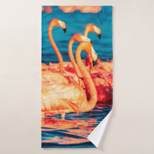 Many pink coral beautiful wild flamingos in blue l bath towel