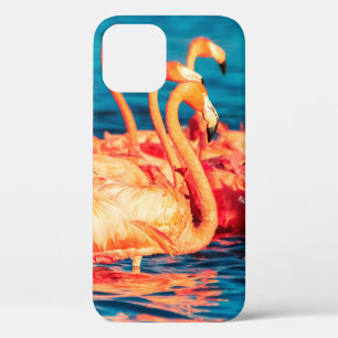 Many pink coral beautiful wild flamingos in blue l iPhone 12 case
