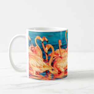 Many pink coral beautiful wild flamingos in blue l coffee mug