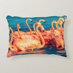 Many pink coral beautiful wild flamingos in blue l decorative cushion