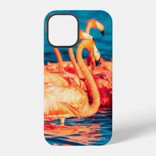 Many pink coral beautiful wild flamingos in blue l iPhone 12 case