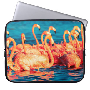 Many pink coral beautiful wild flamingos in blue l laptop sleeve