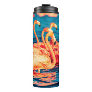 Many pink coral beautiful wild flamingos in blue l thermal tumbler