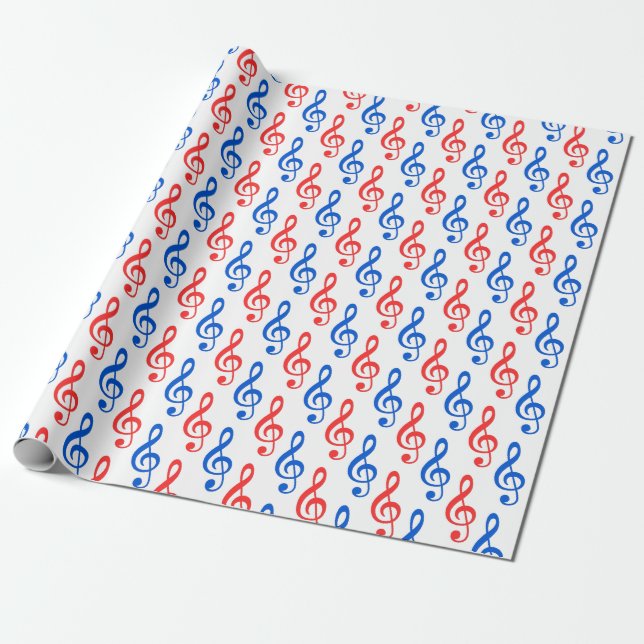 Many Red and Blue Treble Clef Musical Symbols Wrapping Paper (Unrolled)