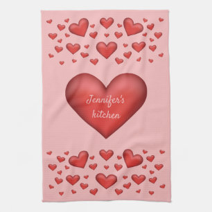 Many Red Hearts With Custom Text Tea Towel
