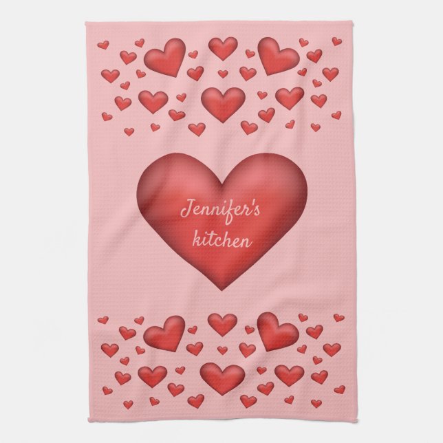 Many Red Hearts With Custom Text Tea Towel (Vertical)