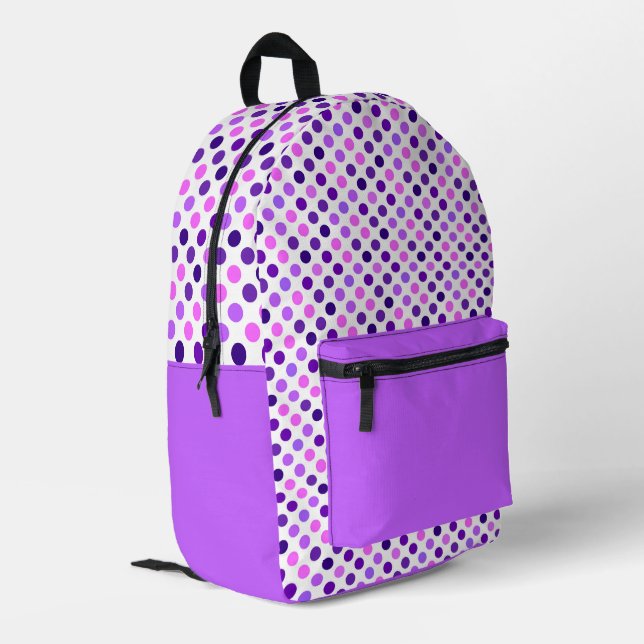 Many Shades of Purple Polka Dots on White Printed Backpack (Back Corner Left)