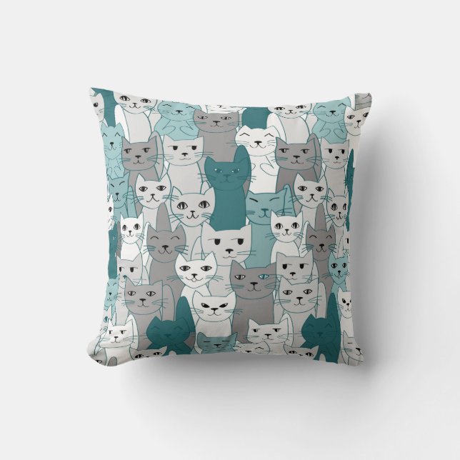 Many Teal Grey White Cats Design Cushion (Front)