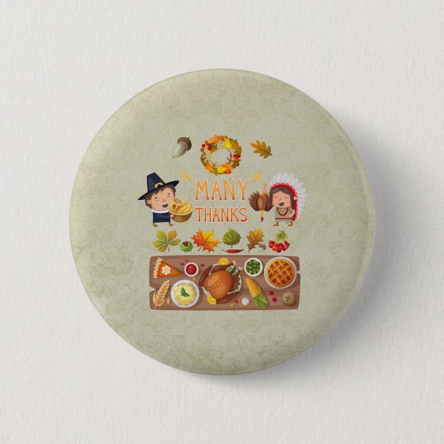 Many Thanks Pilgrim And Native Thanksgiving Feast 6 Cm Round Badge (Front)