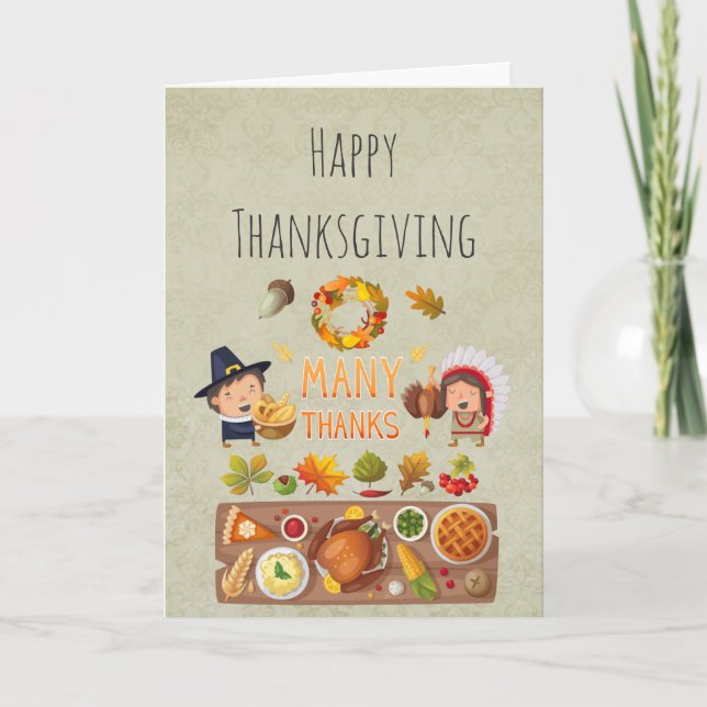 Many Thanks Pilgrim And Native Thanksgiving Feast Holiday Card (Front)