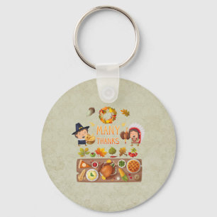Many Thanks Pilgrim And Native Thanksgiving Feast Key Ring