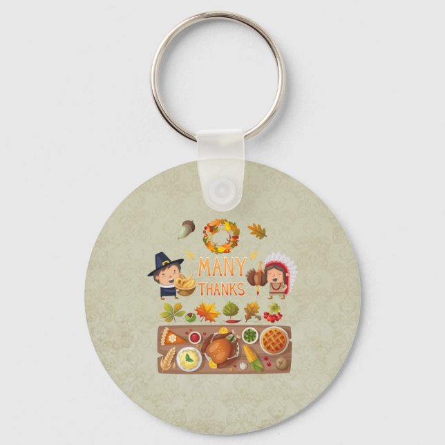 Many Thanks Pilgrim And Native Thanksgiving Feast Key Ring (Front)
