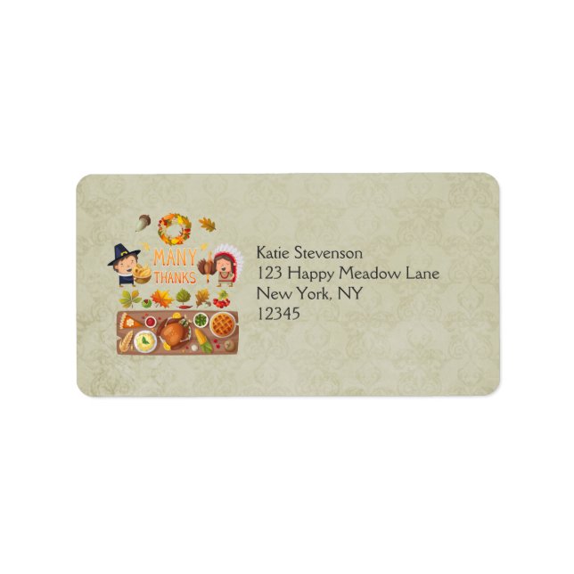 Many Thanks Pilgrim And Native Thanksgiving Feast Label (Front)