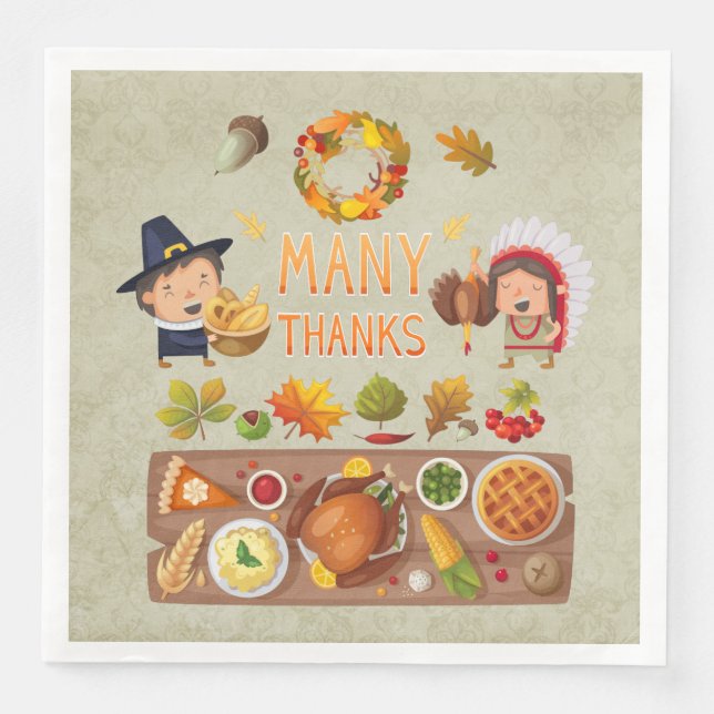 Many Thanks Pilgrim And Native Thanksgiving Feast Napkin (Front)