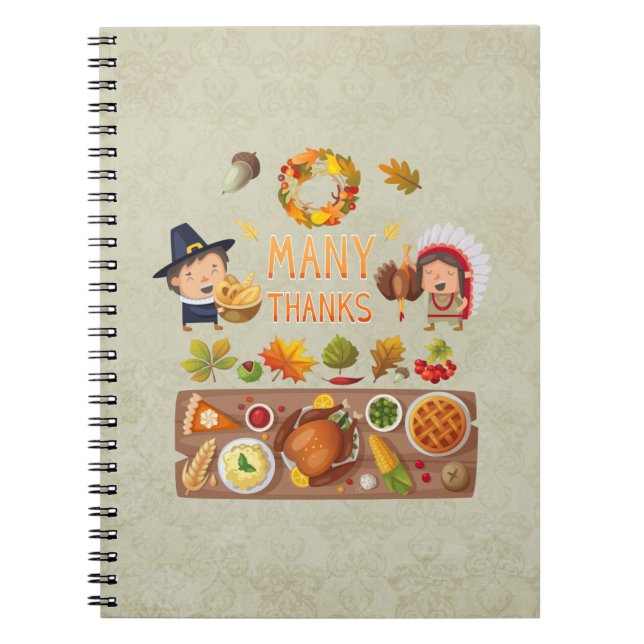 Many Thanks Pilgrim And Native Thanksgiving Feast Notebook (Front)