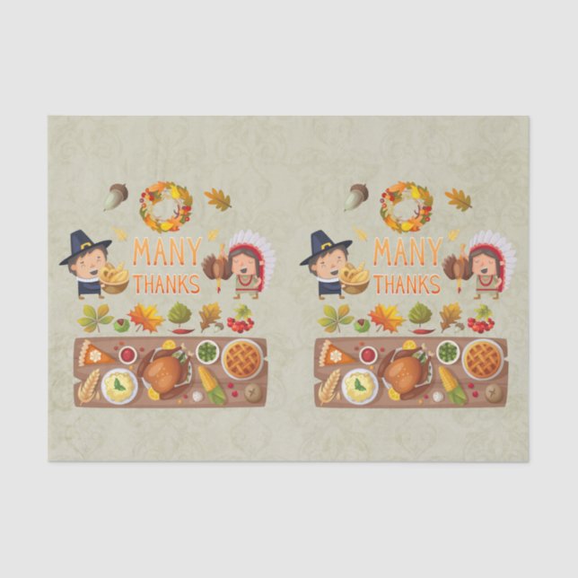 Many Thanks Pilgrim And Native Thanksgiving Feast Tissue Paper (Front)