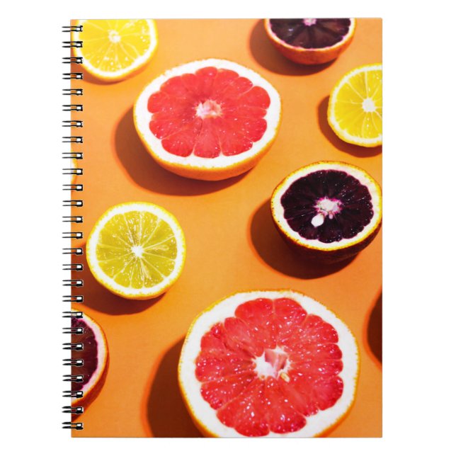 Many variety citrus fruits pattern in sunlight on  notebook (Front)