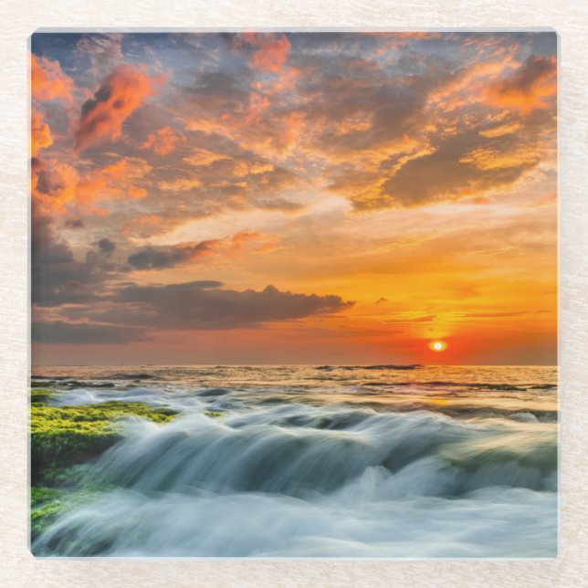 Manyar Beach At Sunrise Glass Coaster (Front)