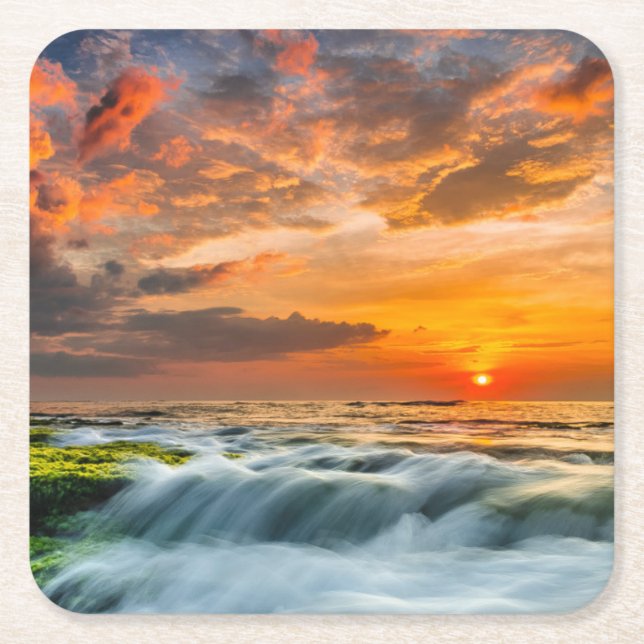Manyar Beach At Sunrise Square Paper Coaster (Front)