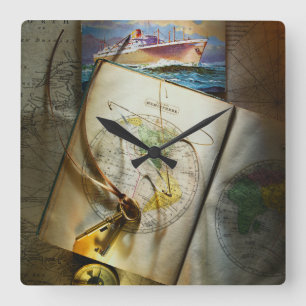 Map And Compass Square Wall Clock