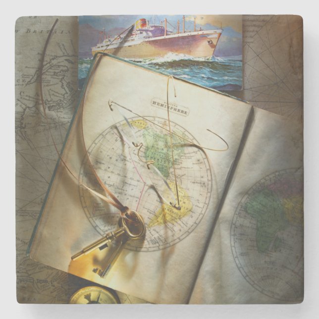 Map And Compass Stone Coaster (Front)