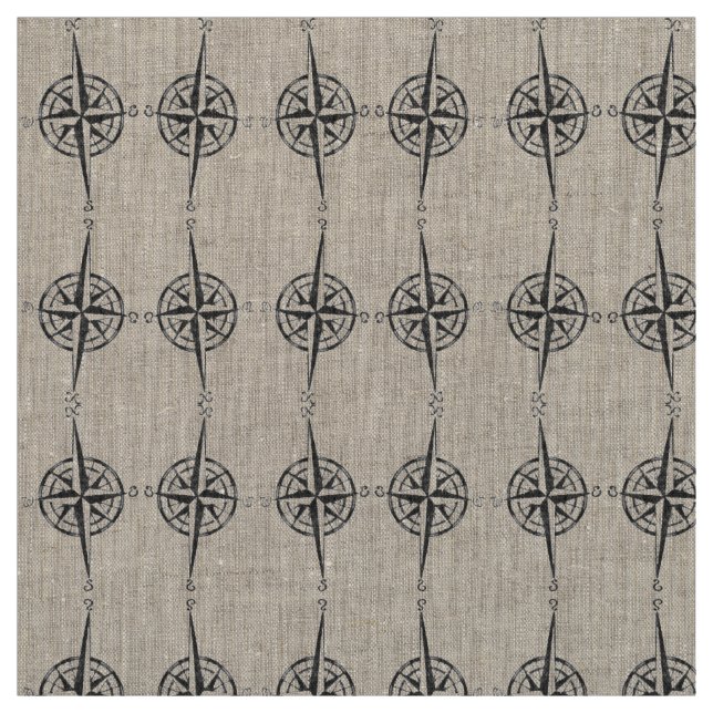 Map Compass Black Wave Pattern Nautical Coastal Fabric (Swatch)