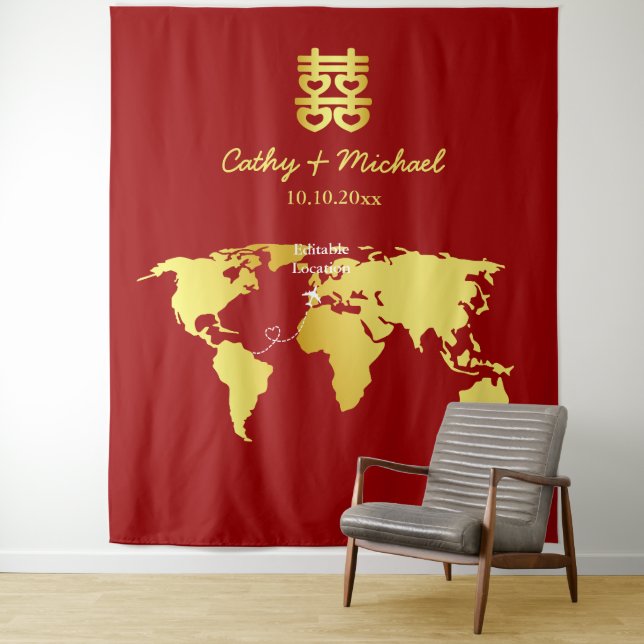Map destination chinese wedding photo backdrop tapestry (In Situ)