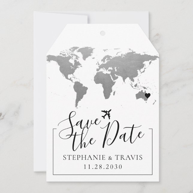 Map Destination Wedding Silver Save the Date Tag (Front)
