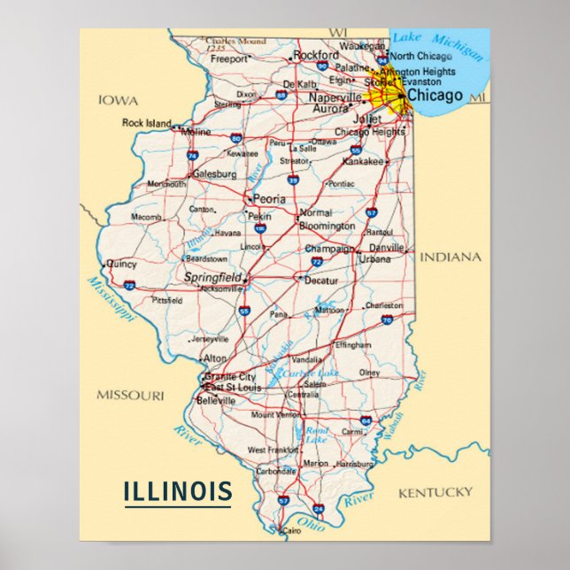 Map Illinois Travel Destination for Home or Office Poster (Front)