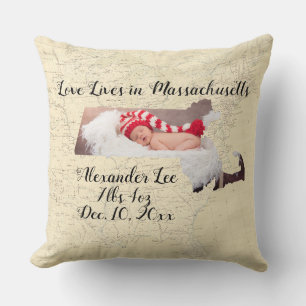 Map Love Lives In Massachusetts State Shaped Photo Cushion