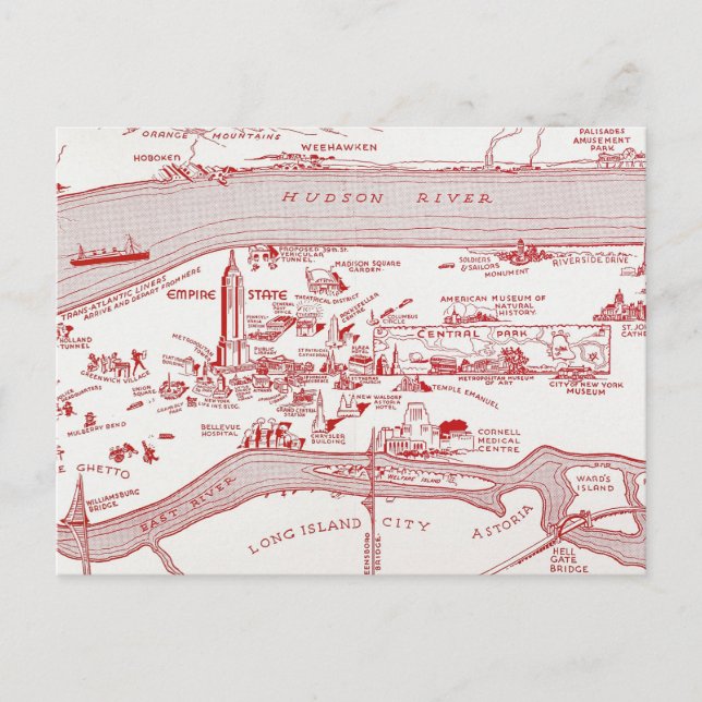 MAP: MANHATTAN, c1935 Postcard (Front)