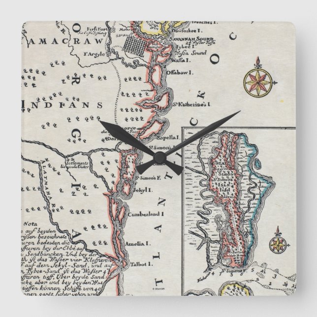 Map: North America, C1700 Square Wall Clock (Front)