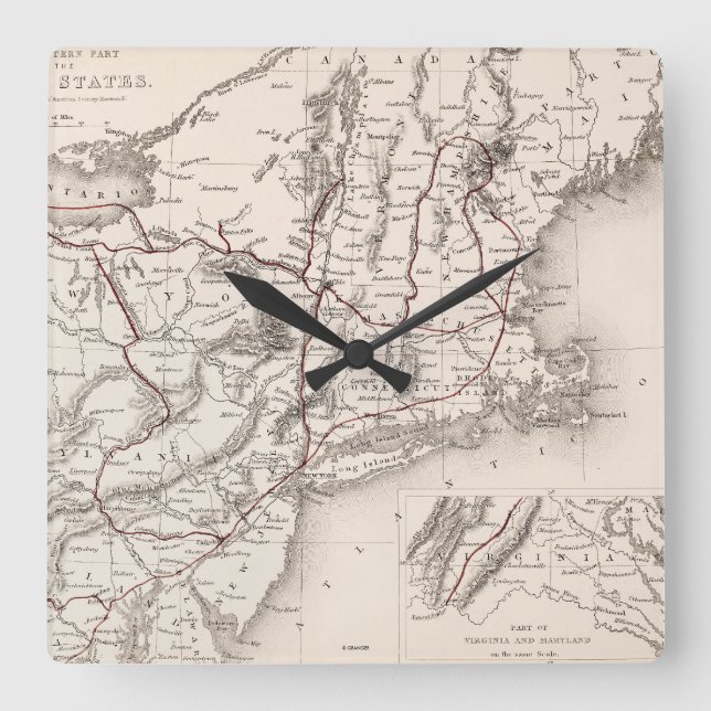 Map: Northeast USA Square Wall Clock (Front)