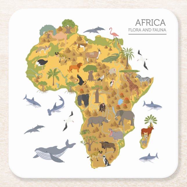 Map of Africa | Flora & Fauna Square Paper Coaster (Front)