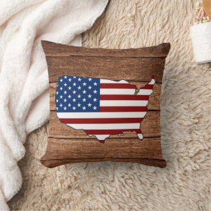 Map of America Flag of America Wooden Surface Cushion