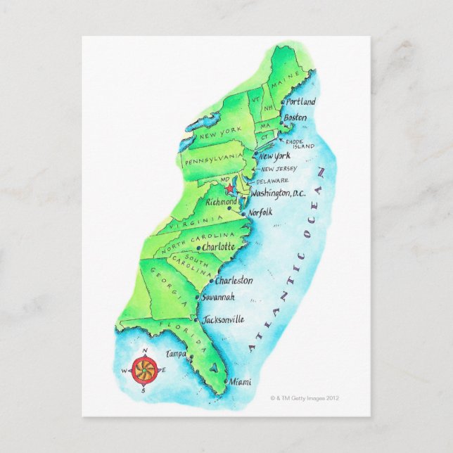 Map of American East Coast Postcard (Front)
