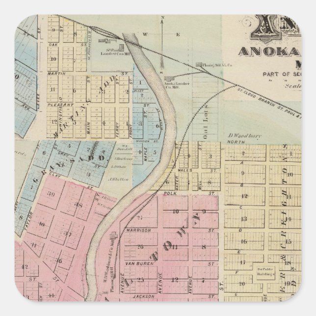 Map of Anoka, Anoka County, Minnesota Square Sticker (Front)