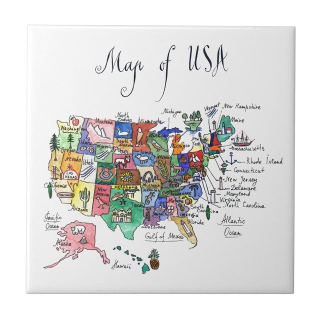 Map of Attractions of United States of America Ceramic Tile (Front)
